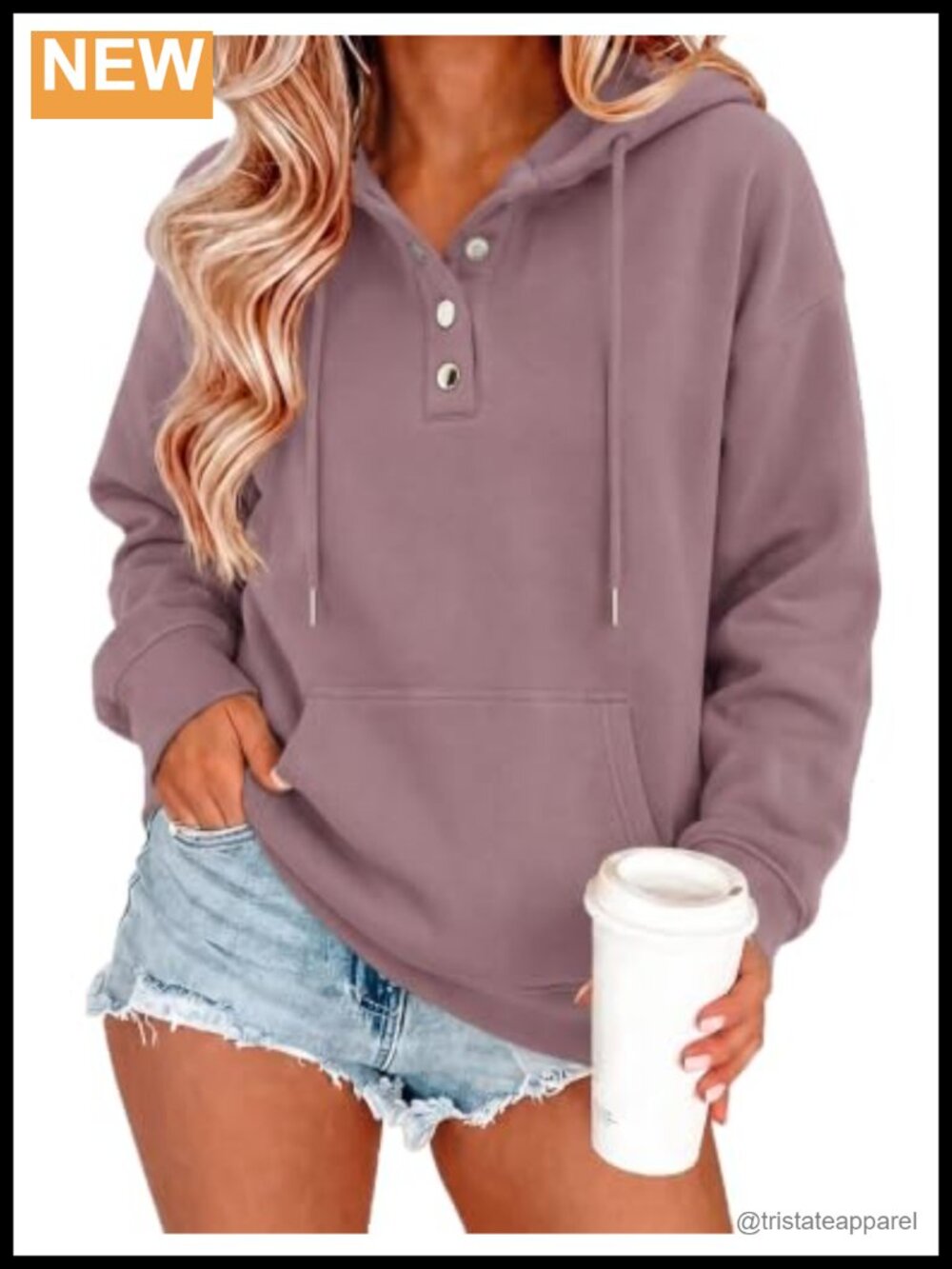 Womens V-Neck Button Front Hooded Sweatshirt Cotton Polyester Oversized Casual